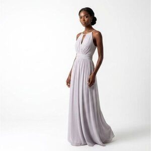 B2 Jasmine Bridesmaids Silver Grey Chiffon Halter Gown Keyhole Neckline Ruched B